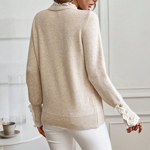 Apricot Casual Women's Floral Trim Crew Neck Long Sleeve Knitted Sweater - Picture 2 of 6